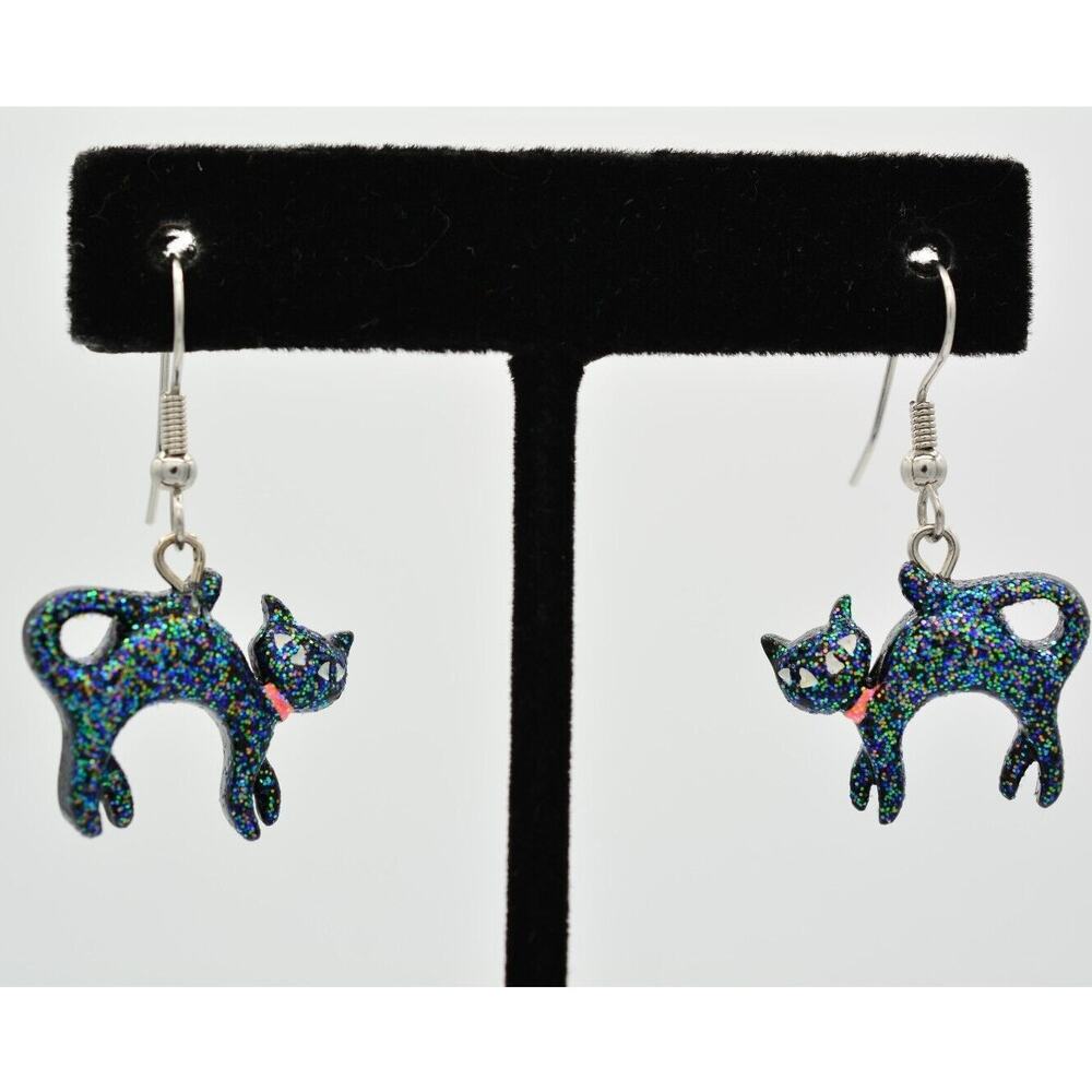Black Cat Halloween Earrings Dangle Spooky Jewelry Glitter Sparkling Shiny 9D